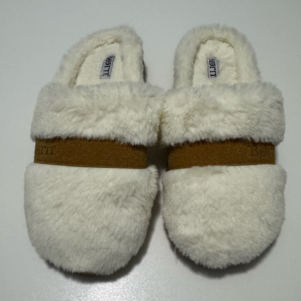 Born Plush White and Brown Faux Fur Slippers Size M(7-8)